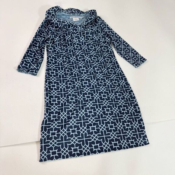 Gretchen Scott Shift Dress Womens Medium Blue Jersey Geometric Ruffle Resort - Picture 1 of 8